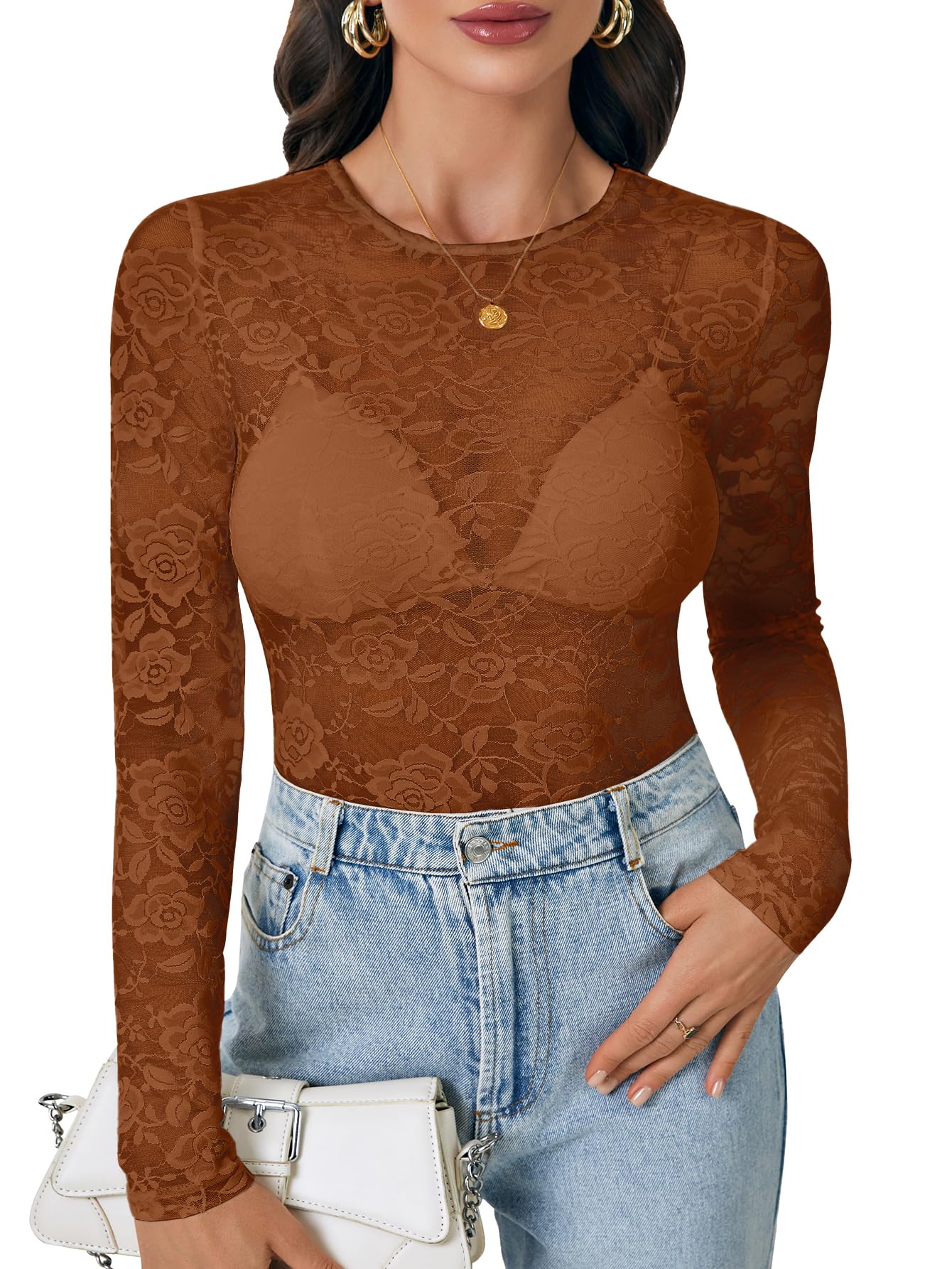 LYANER Women's Sexy Mesh Top Floral Long Sleeve See Through Shirt Lace Sheer Blo