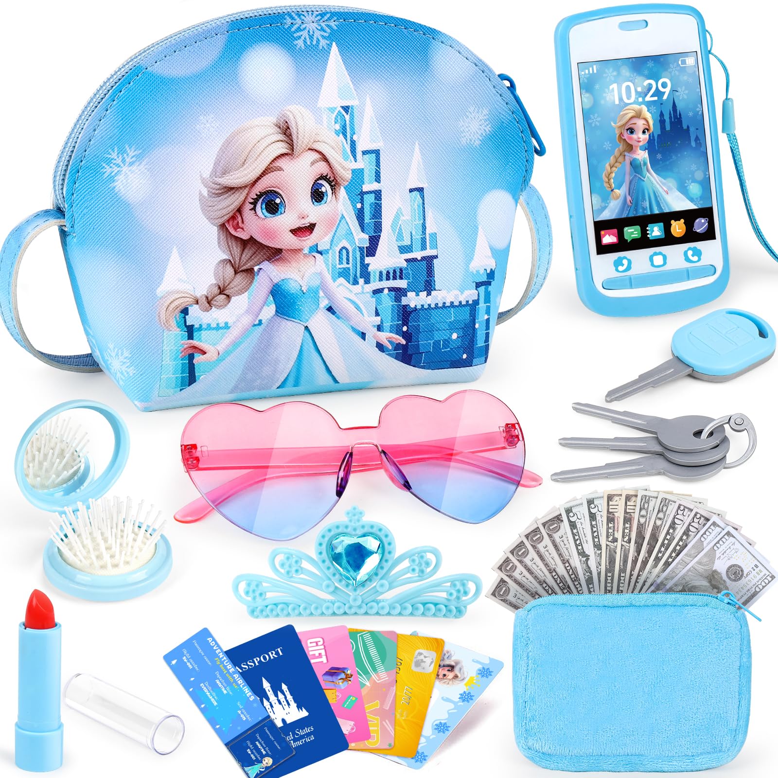 TSDATOWR Play Purse with Phone, 30Pcs Pretend Toys Set for Girls Ages 3-6 | Cros