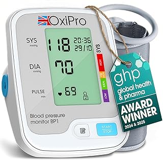 OxiPro BP1 Blood Pressure Monitors - Health & Pharma Recommended - BP Blood Pressure Machines for Home Use with Heart Rate Monitor & Large Cuff - Blood Pressure Monitors, White