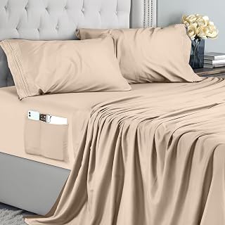 Utopia Bedding Embroidered 4-Piece Bedding Set, 180 x 200 cm, Polyester Microfibre, Fitted Sheet with Storage Pockets, Flat Sheet and 2 Embroidered Pillowcases (Super King/Double, Beige)