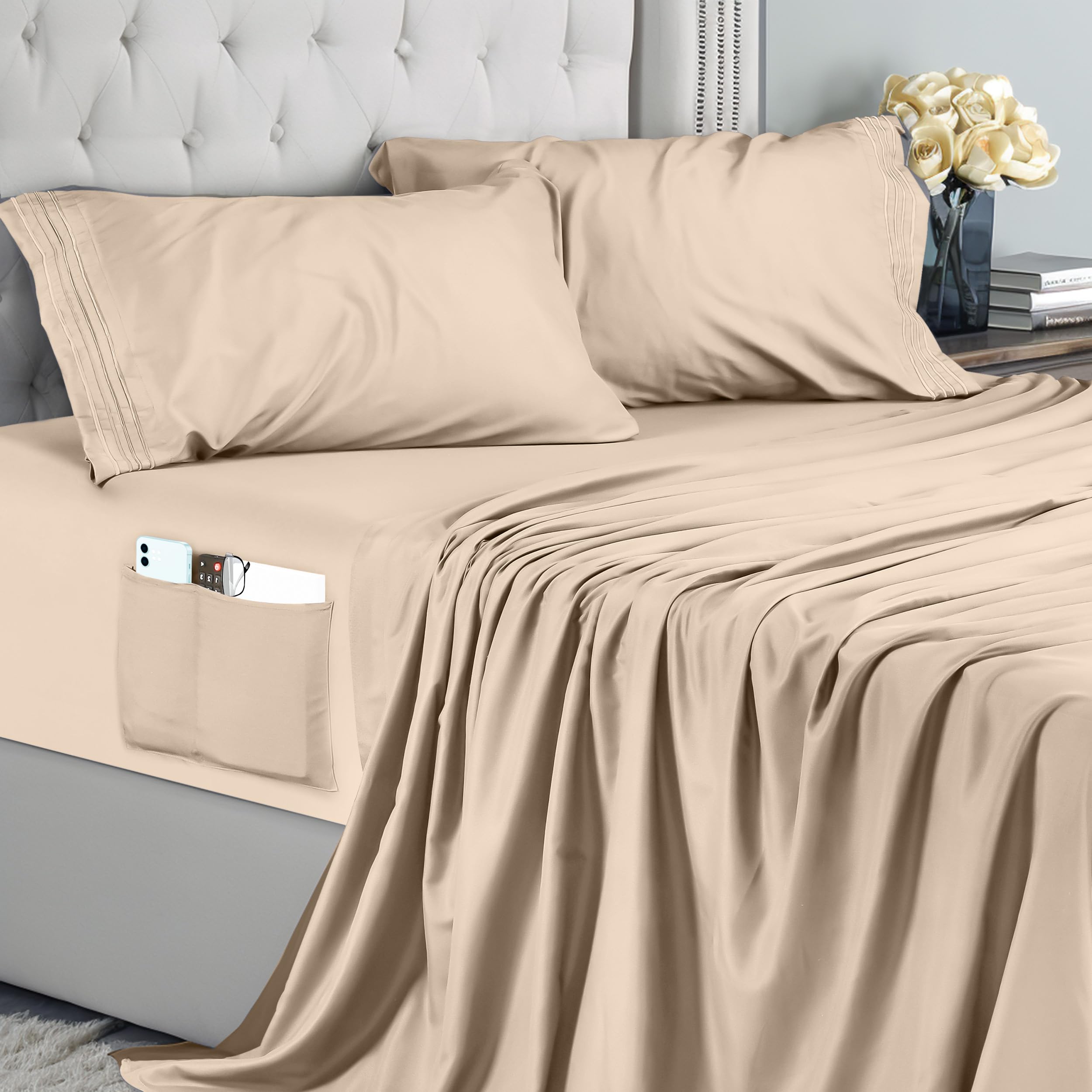 Utopia Bedding Embroidered 4-Piece Bedding Set, 180 x 200 cm, Polyester Microfib