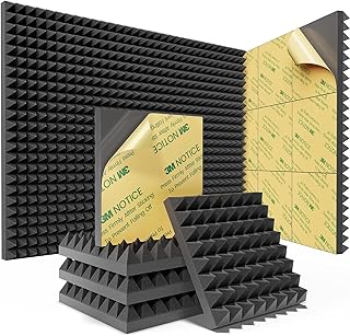 Sonicism 12 Pack Sound Proof Foam Panels for Walls Self-Adhesive 12"X12"X2" | Pyramid Acoustic Foam Panels of High Density Soundproof Wall Panels Fast Expand Sound Absorption and Decoration (Black)
