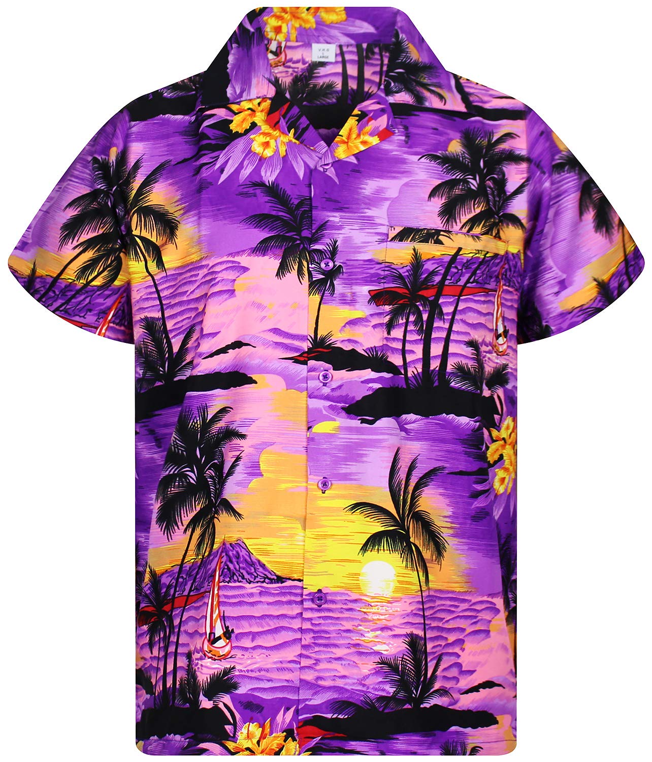 V.H.O. Funky Hawaii-Hemd Herren Kurzarm Front-Tasche Standard-Fit Sommer-Hemd Su