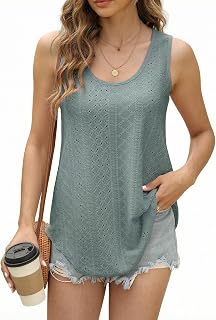 Womens Sleeveless Tops Eyelet Embroidery Round Neck Loose Fit Casual Summer Tank Tops