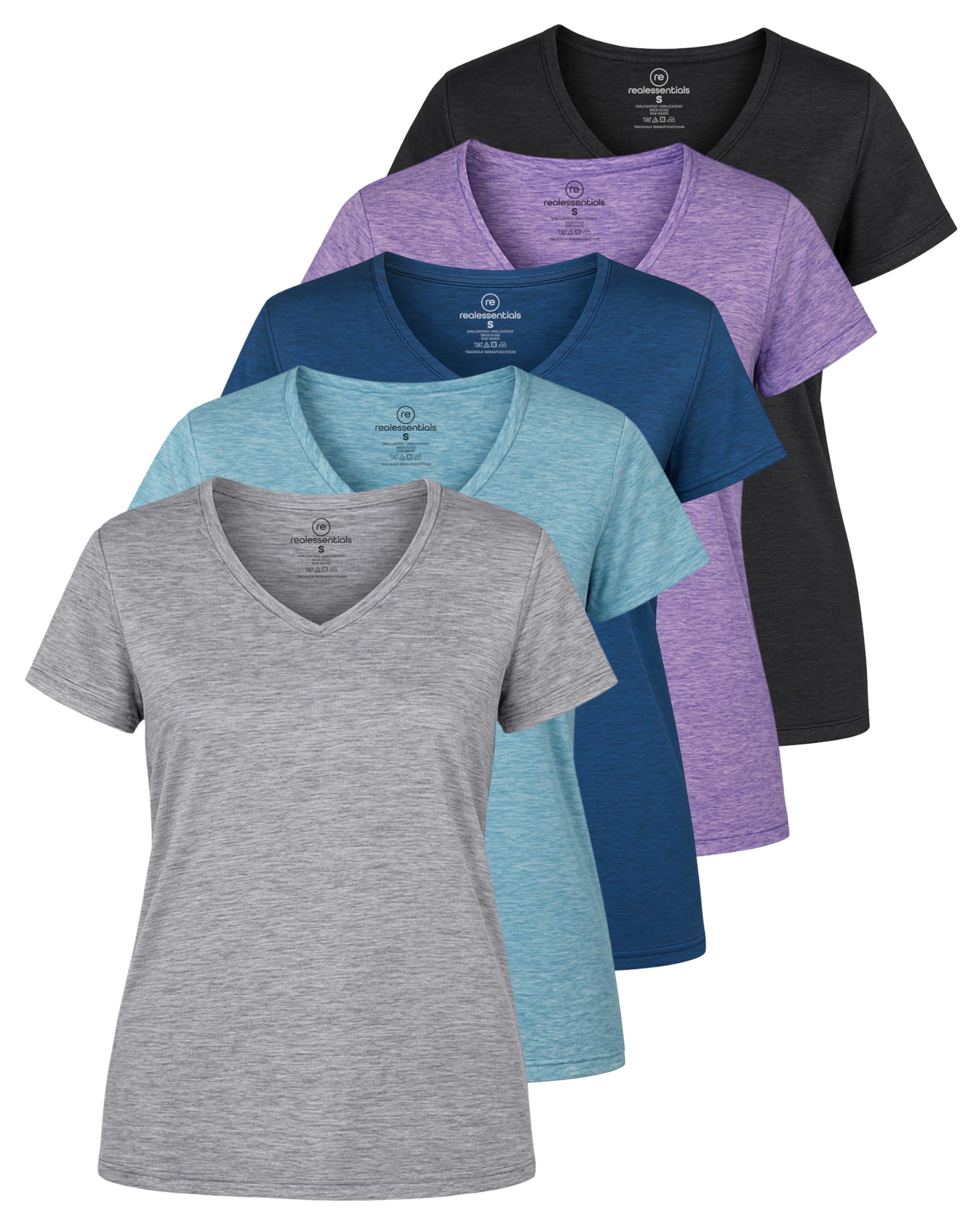 Real Essentials 5 Pack: Women's Dry-Fit Short Sleeve V Neck T Shirt Workout Fitn