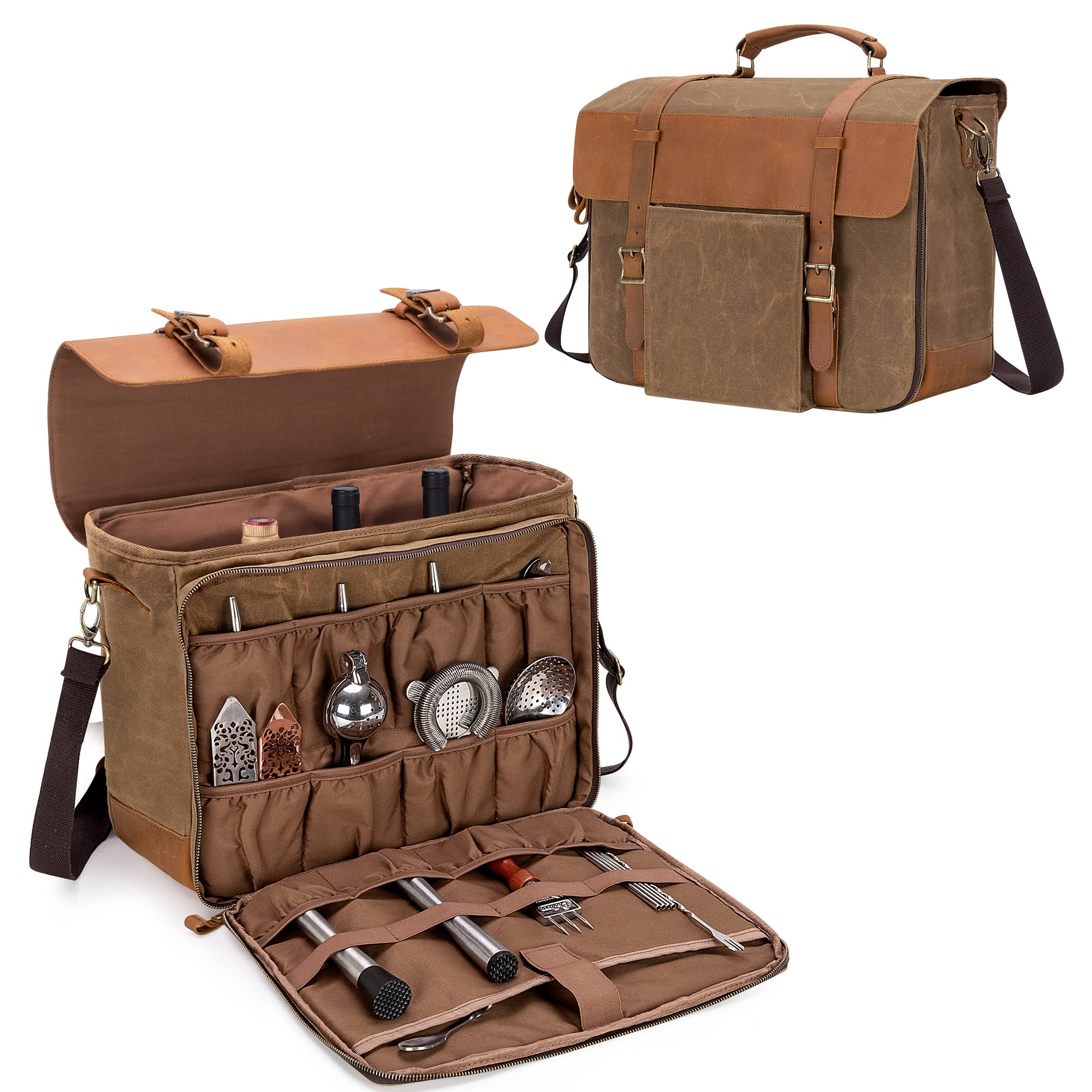 LoDrid Bartender Bag for Bar Kits Made Vintage Genuine Leather Waxed Canvas