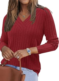 PLOKNRD Women's Sweater Lightweight V-Neck Long Sleeve Elegant Knitted Pullover Casual T-Shirt