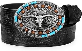 Men's Western Leather Belt Cowboy Belt with Turquoise Buckle