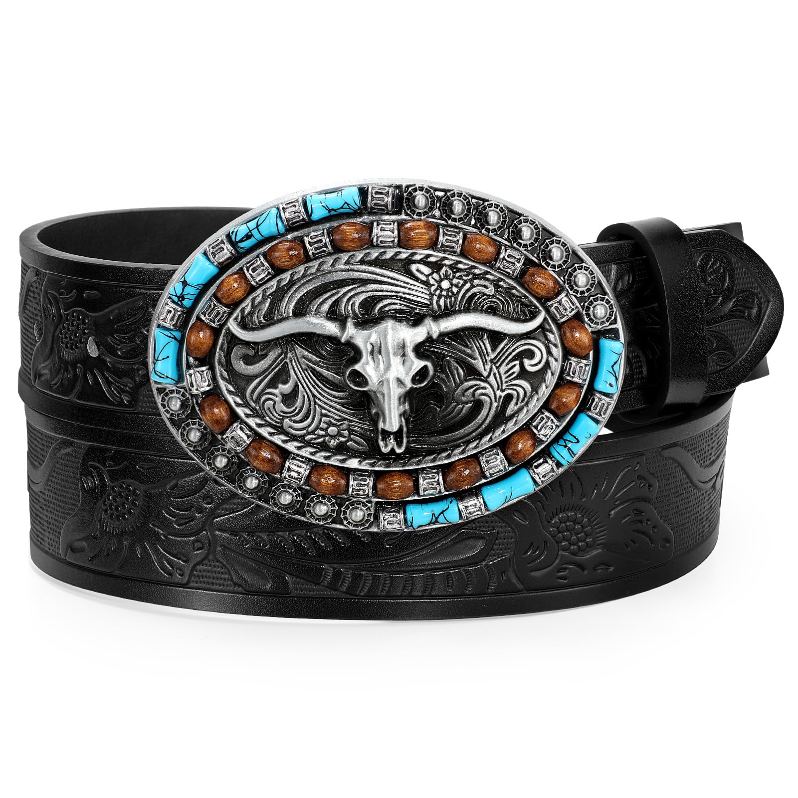 Men's Western Leather Belt Cowboy Belt with Turquoise Buckle