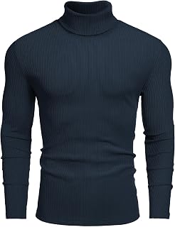 COOFANDY Suéter de Punto de Cuello Alto para Hombre, Manga Larga, Cuello Alto, Acanalado, térmico, Casual, Cuello Alto, Azul Marino, Small