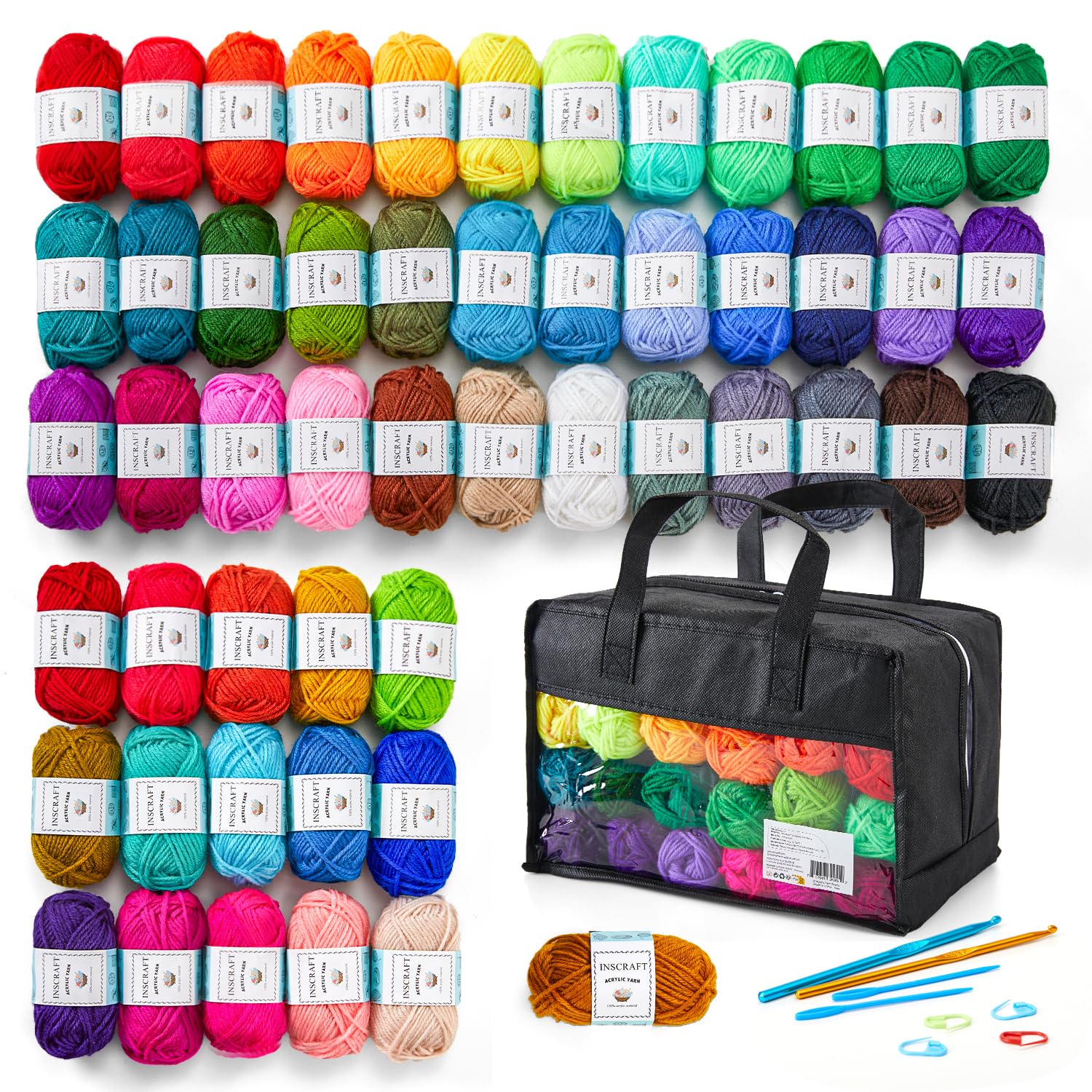 Inscraft 52 Acrylic Yarn Skeins, 1820 Yards 52 Colors, 2 Crochet Hooks, 2 Weavin