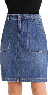 Women's Low Stretch Denim A-line Skirt 14 Pit Stretch Cord Knee-Length Mid Skirt Mini Denim Skirt with Pockets