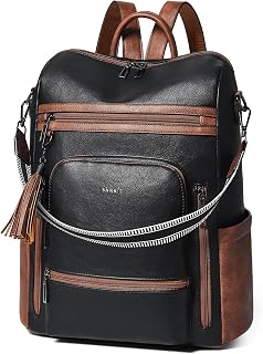 Shrrie Vegan Leather Laptop Backpack for Women 15.6 inch Work Backpack Fashion Travel Backpack Purse for Business College-Black with Brown