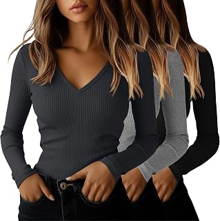 Ficerd 3 Pack Womens Long Sleeve Ribbed Shirts Cotton V Neck Top