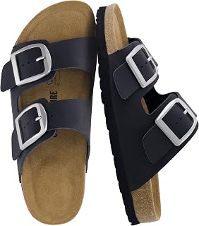 CUSHIONAIRE Laz 100% Genuine Leather Cork Footbed Slide Sandals for Women
