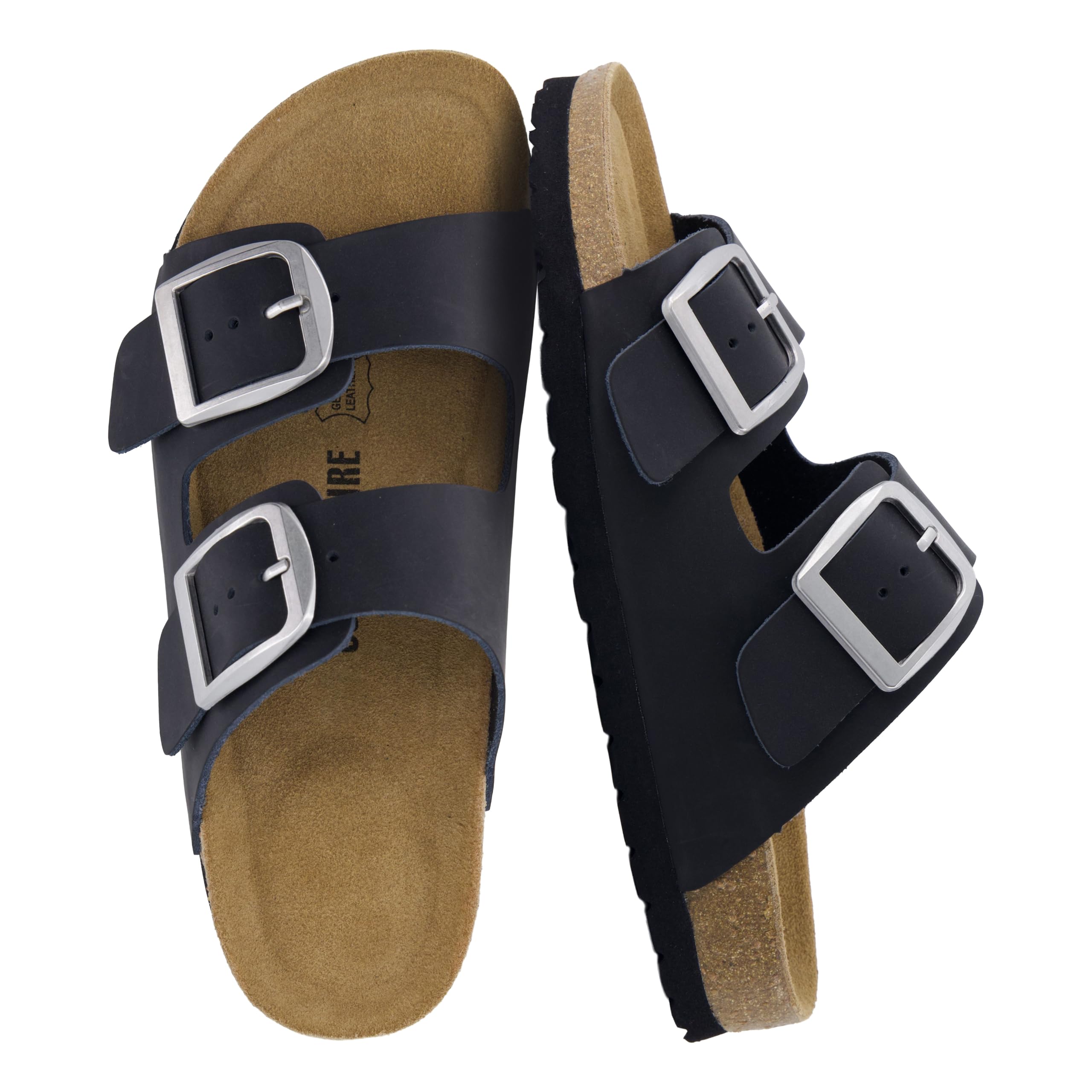 CUSHIONAIRE Laz 100% Genuine Leather Cork Footbed Slide Sandals for Women
