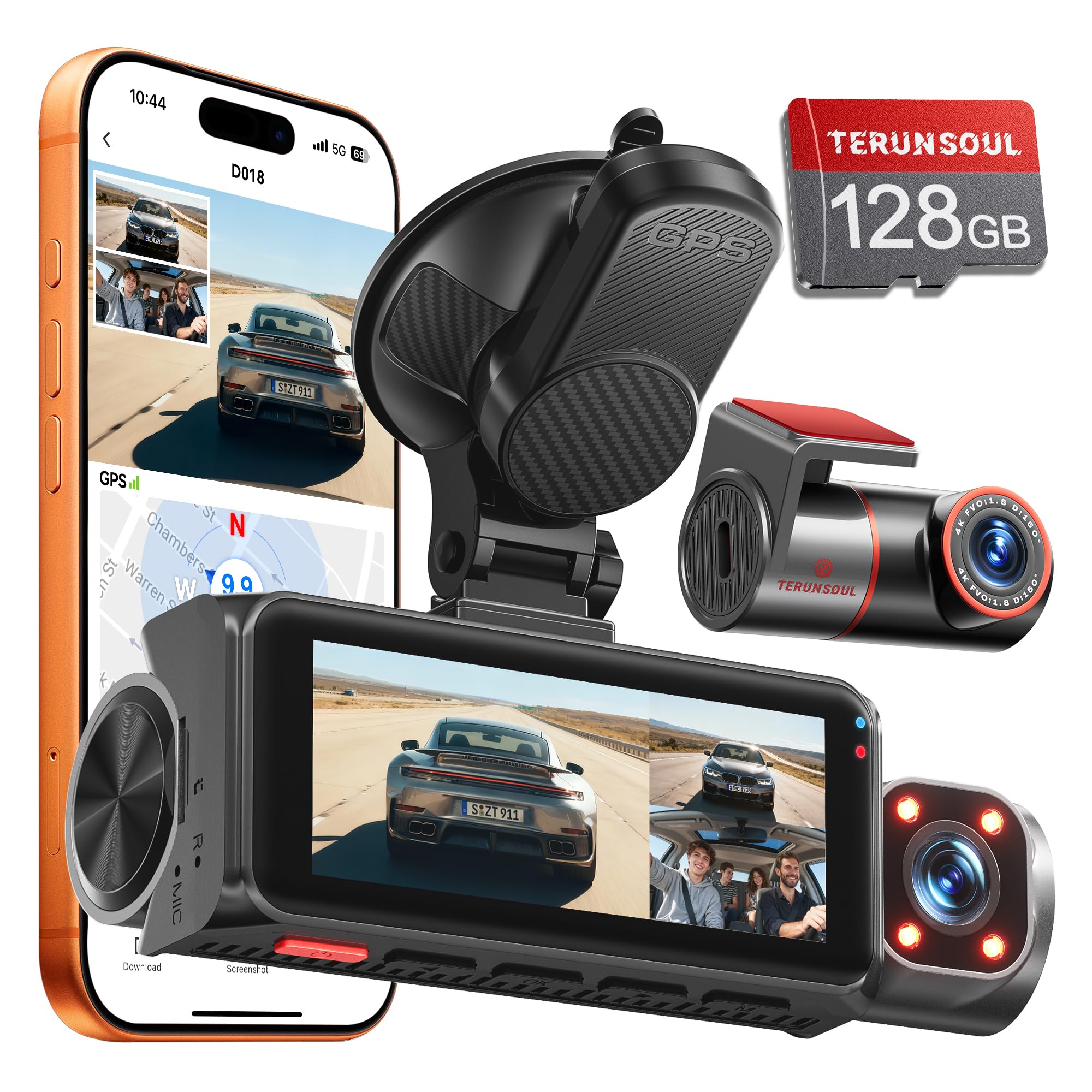 4K+4K+1080P 3 Channel Dash Cam, Free 128GB Card, AProX HD Night Vision | Dash Ca