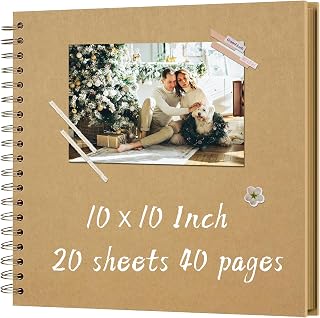 10x10 Inch DIY Scrapbook Album 40 Pages (20 Sheets), Hardcover Kraft Paper | Photo Book, Blank Memory Scrap Book for DIY Crafts, Wedding Guest Book, Travel Journal, Collage Book, Khaki
