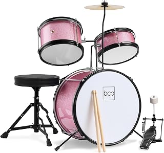Best Choice Products 3-Piece Beginner Drum Set for Kids Juniors, w/Throne Stool, Cymbal, Drum Sticks, Bass Drum Pedal, 2 Toms - Pink Sparkle