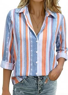 Women's Striped Button Down Shirts Linen Long Sleeve Dress Shirts Collared Blouses Business Casual Outfits Tops