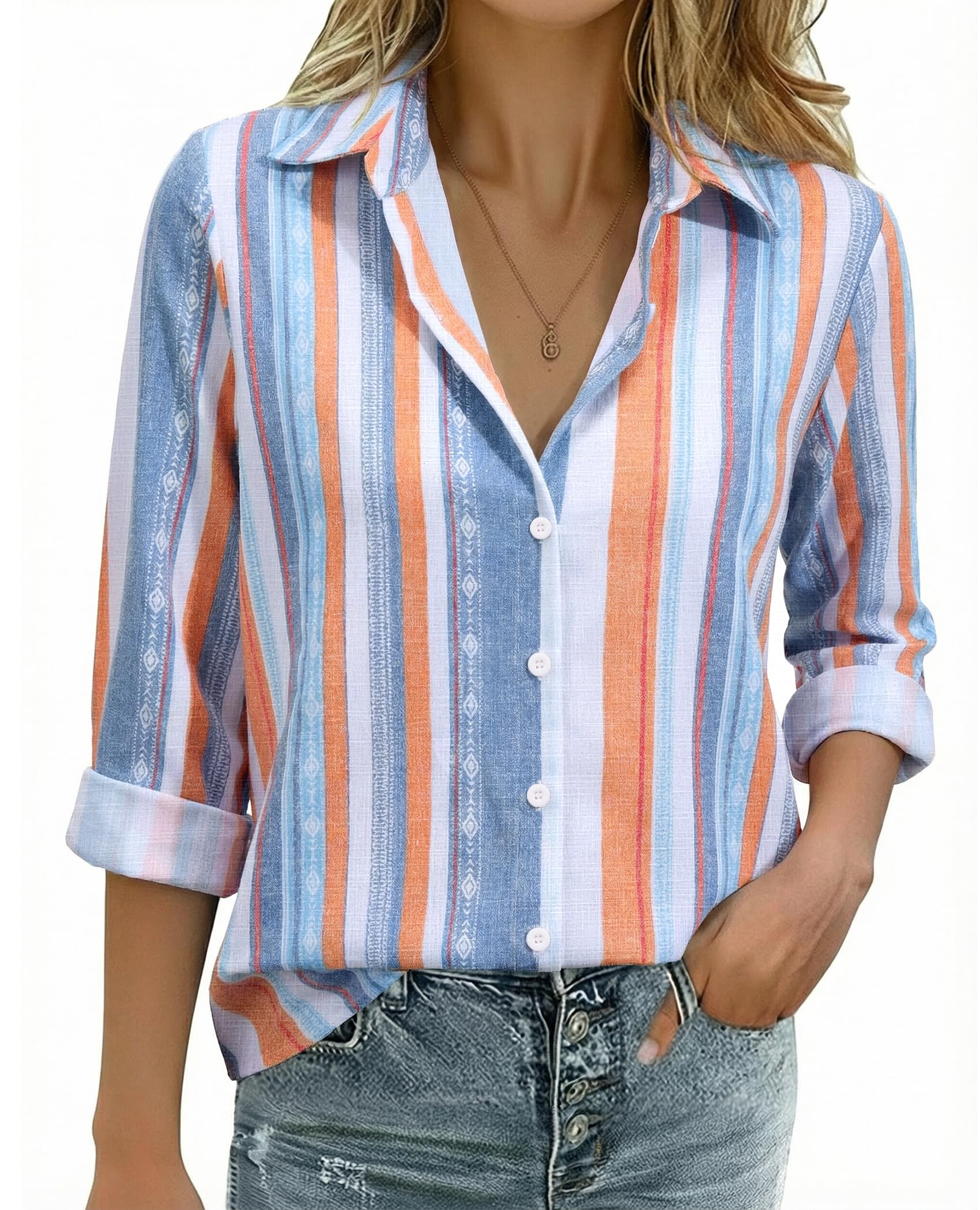 Women's Striped Button Down Shirts Linen Long Sleeve Dress Shirts Collared Blous