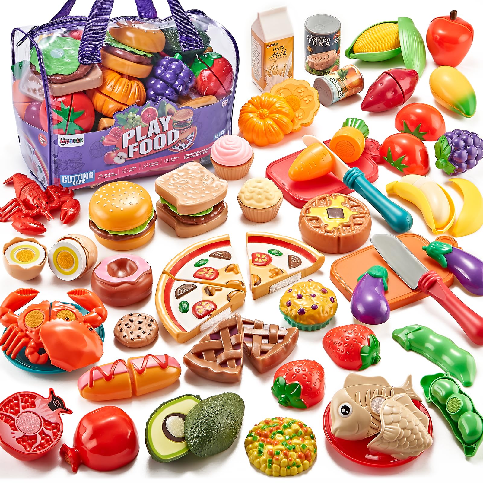 LAUGIGLE Pretend Play Food for Kids Kitchen, 78Pc Cutting Toy Food with Storage 