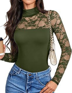 Lace Long Sleeve Bodysuit for Women Turtle Necks Going Out Top Fall Outfit