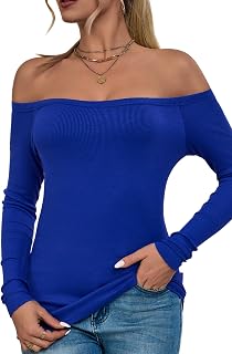 ASAIR Off The Shoulder Tops for Women Long Sleeve Shirts Ribbed Basic Trendy Stretchy Lightweight Tops
