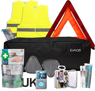 EVAQ8 European Car Travel Kit For Driving in France With Breathalysers, Warning Triangle, UK Sticker, Hi-Vis Vests, Beam Deflectors, Bulb Kit, First Aid Kit and Information sheet...