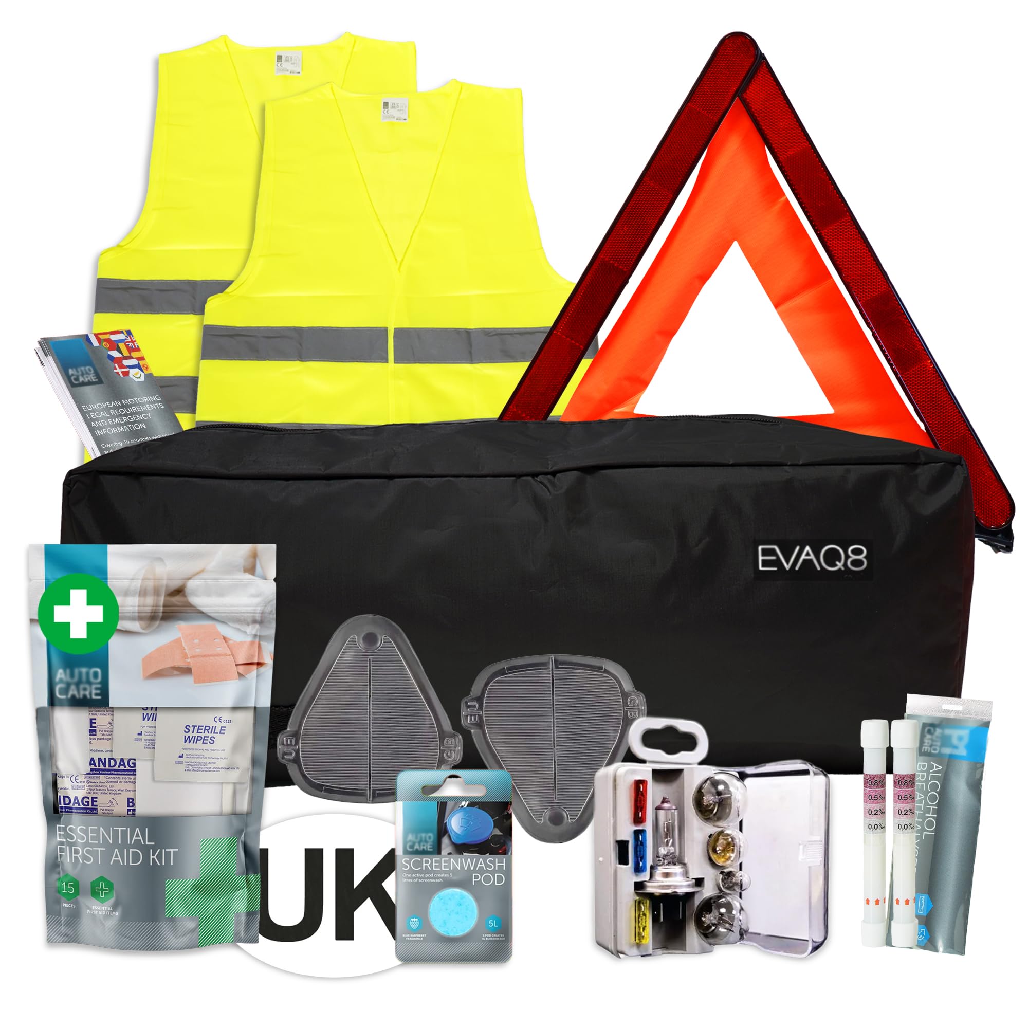 EVAQ8 European Car Travel Kit For Driving in France With Breathalysers, Warning 