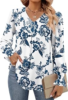 Funlingo Women's 2026 Long Sleeve Tops Dressy Casual V Neck Tunic Shirts Loose Chiffon Work Blouse