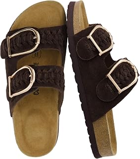 CUSHIONAIRE CASHEW Women's Suede Leather Sandals Braided Double Strap Big Buckle Adjustable Sandals for Women