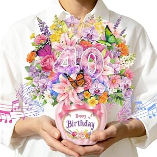 40th Birthday Card with Music & Lights,Pop Up Happy Birthday Card,Orchid Lilies Rose Butterflies Greeting Card，Elegant Floral with Envelope for Women Wife Mom Sister Daughter