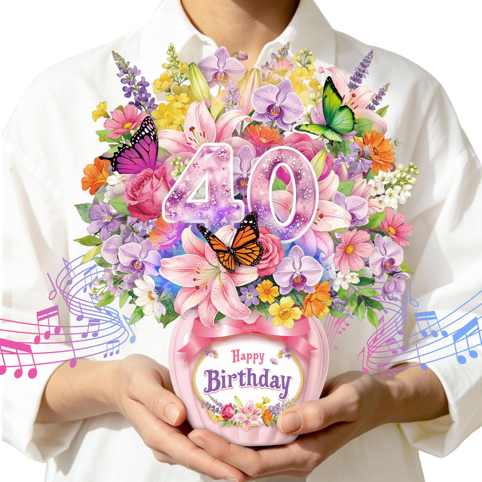 40th Birthday Card with Music & Lights,Pop Up Happy Birthday Card,Orchid Lilies 