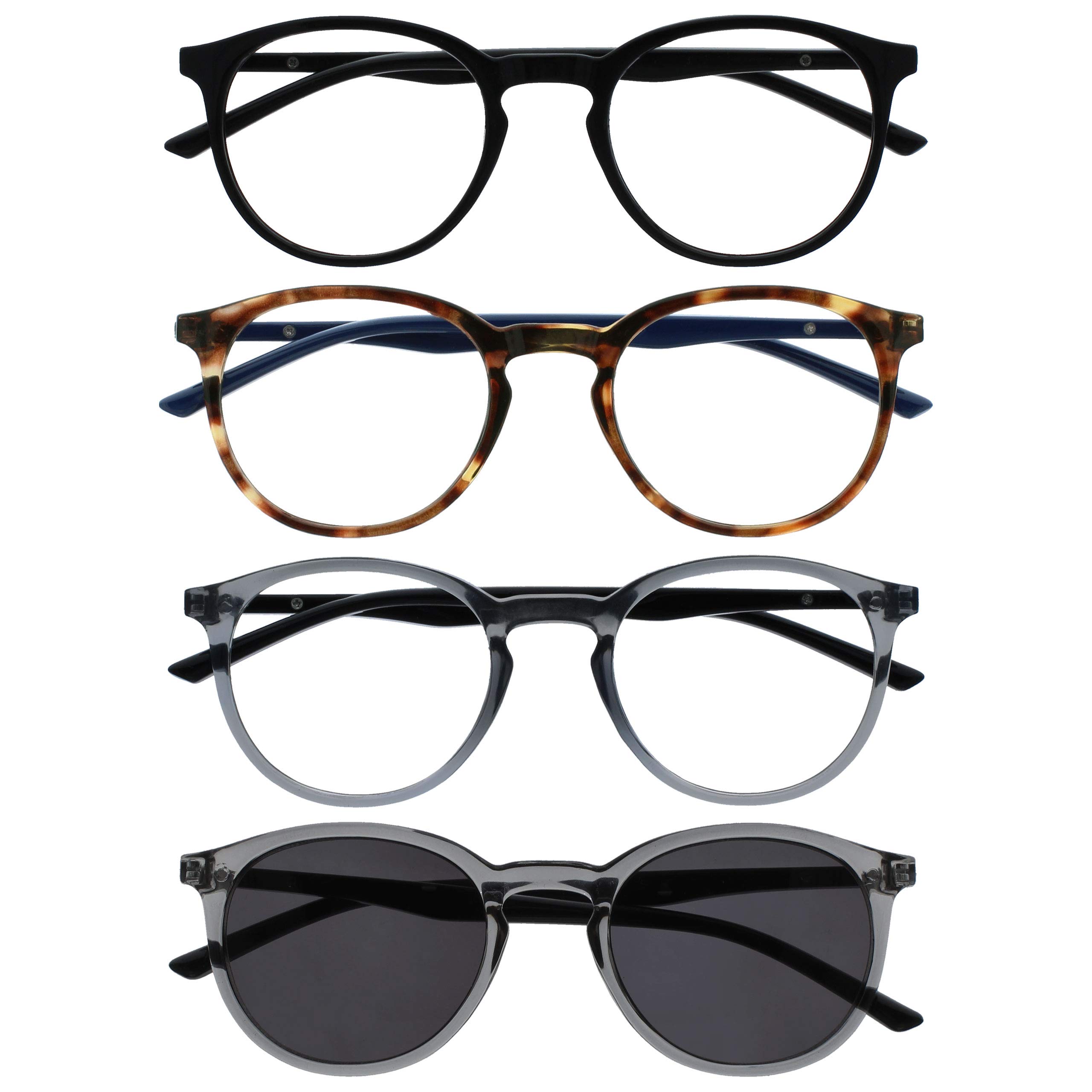 OPULIZE Met Pack 4 Reading Glasses With Sun Reader Large Round Black Brown Grey 