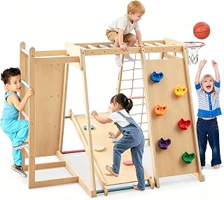 Costzon Indoor Playground, 6-in-1 Kids Montessori Jungle Gym with Baby Slide, Rock Climbing Wall, Basketball Hoop, Monkey Bar, Rope Net, Ladder, Wooden Climber Playset for Kids Gifts (Natural)