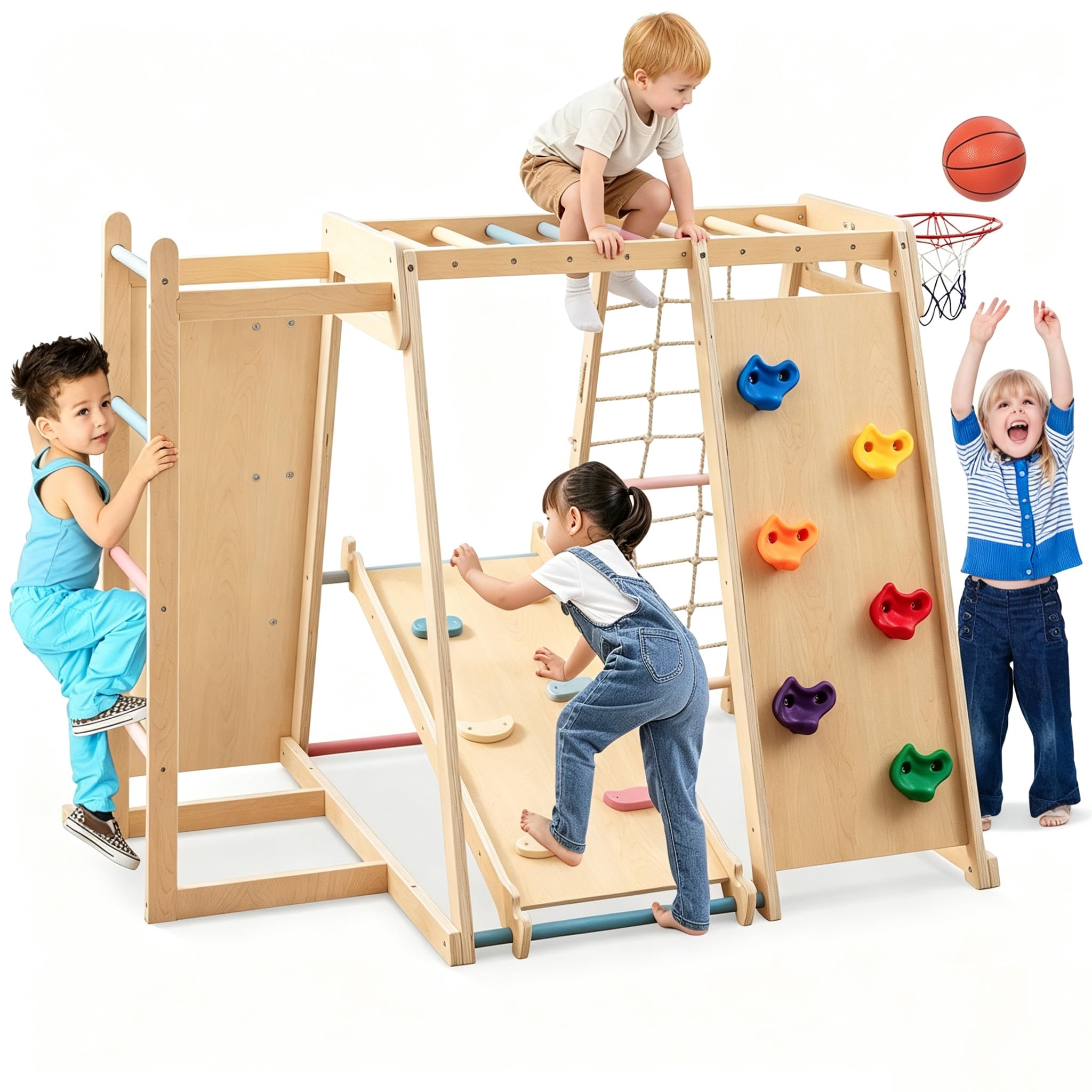 Costzon Indoor Playground, 6-in-1 Kids Montessori Jungle Gym with Baby Slide, Ro