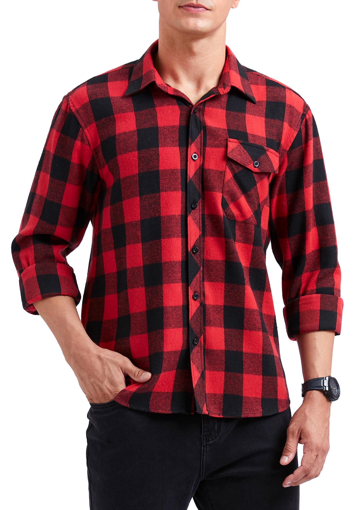 HISDERN Men's Long Sleeve Casual Plaid Flannel Shirt Checked Tartan Button Down 