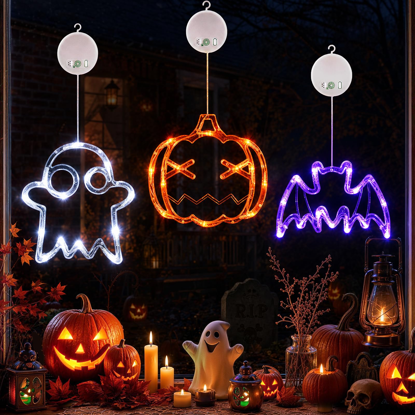 LOLStar Halloween Decorations, 3 Pack Pumpkin, Ghost, Bat Window Lights | Hallow
