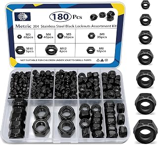 180Pcs Metric Stainless Nylon Lock Nuts Assortment Kit;Black M3-M12 Locknut | M3 M4 M5 M6 M8 M10 M12 Stainless Steel Nylock Nuts Set;Black Nylon Insert Hardware Nuts;304 ss Locking Nuts;Threaded Hex Nuts