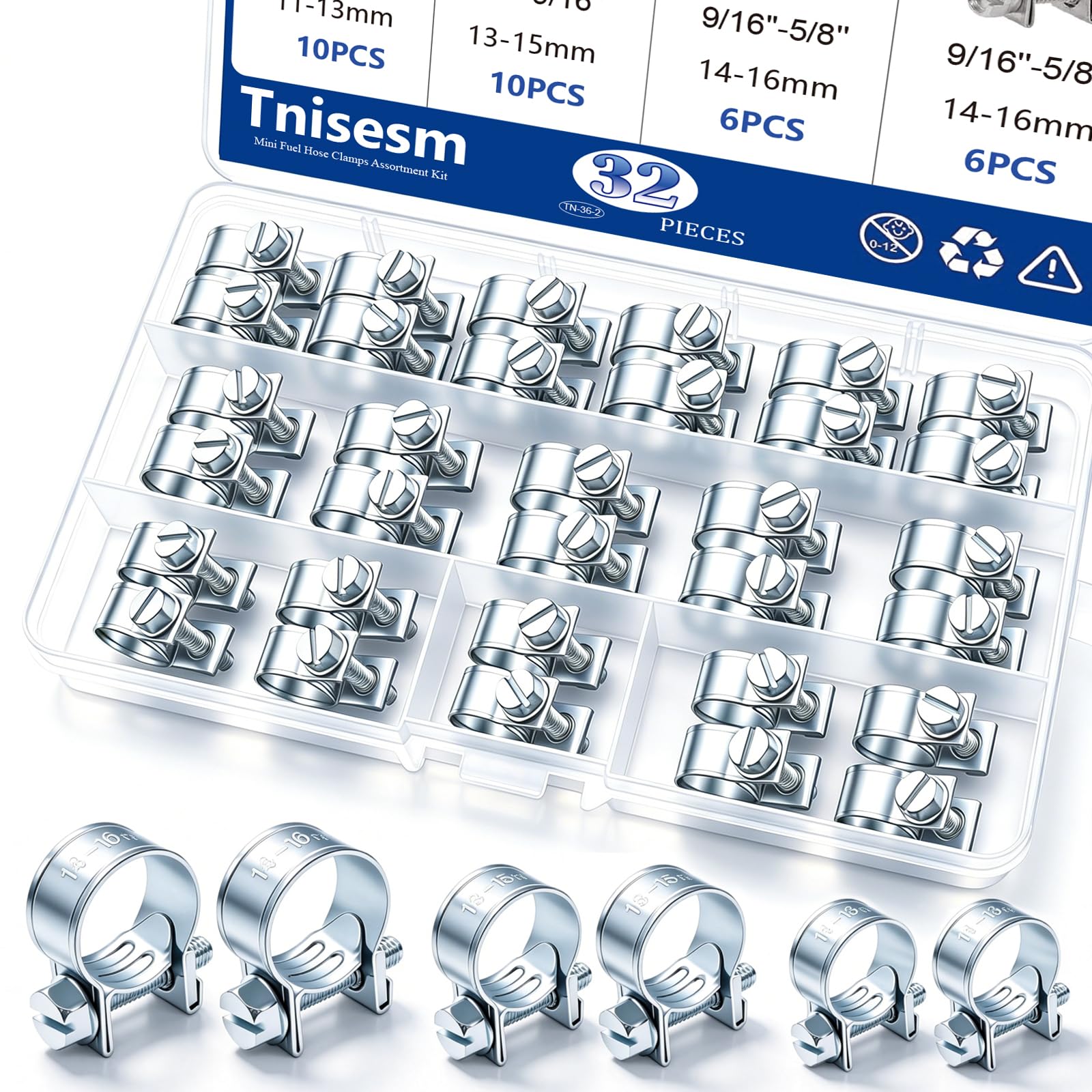 Tnisesm 32Pcs 1/4" 5/16" 3/8" Fuel Injection Gas Line Hose Clamps