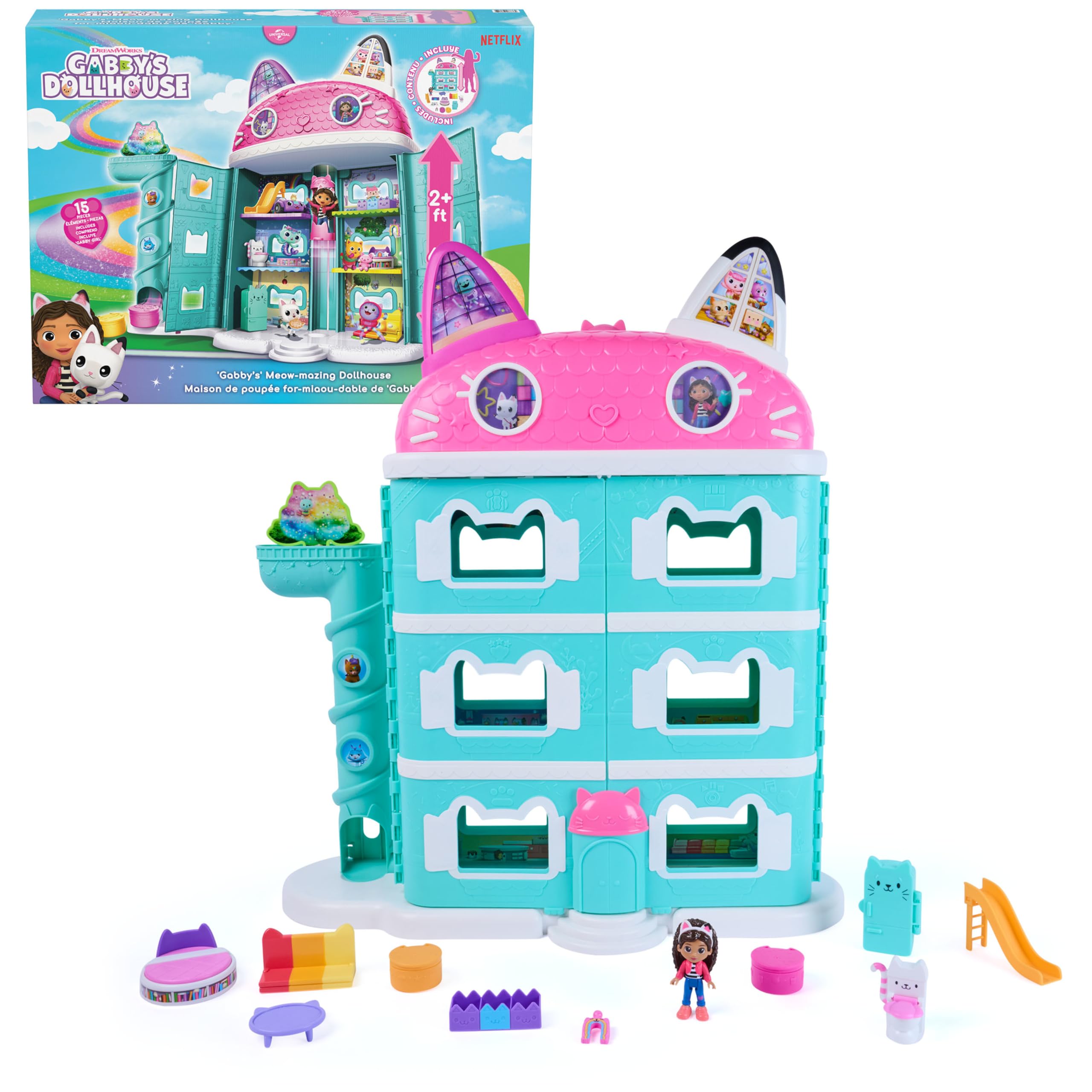 DREAMWORKS GABBY'S DOLLHOUSE Meow-Mazing Dollhouse, 2 Feet Tall, 15 Pieces | Ove