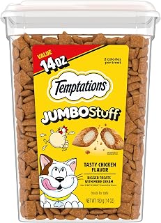 Temptations Jumbo Stuff Crunchy & Soft Cat Treats, Chicken, 14 oz | Crunchy outside, soft inside, under 2 calories per treat, resealable tub, 100% complete & balanced, bigger than Classic