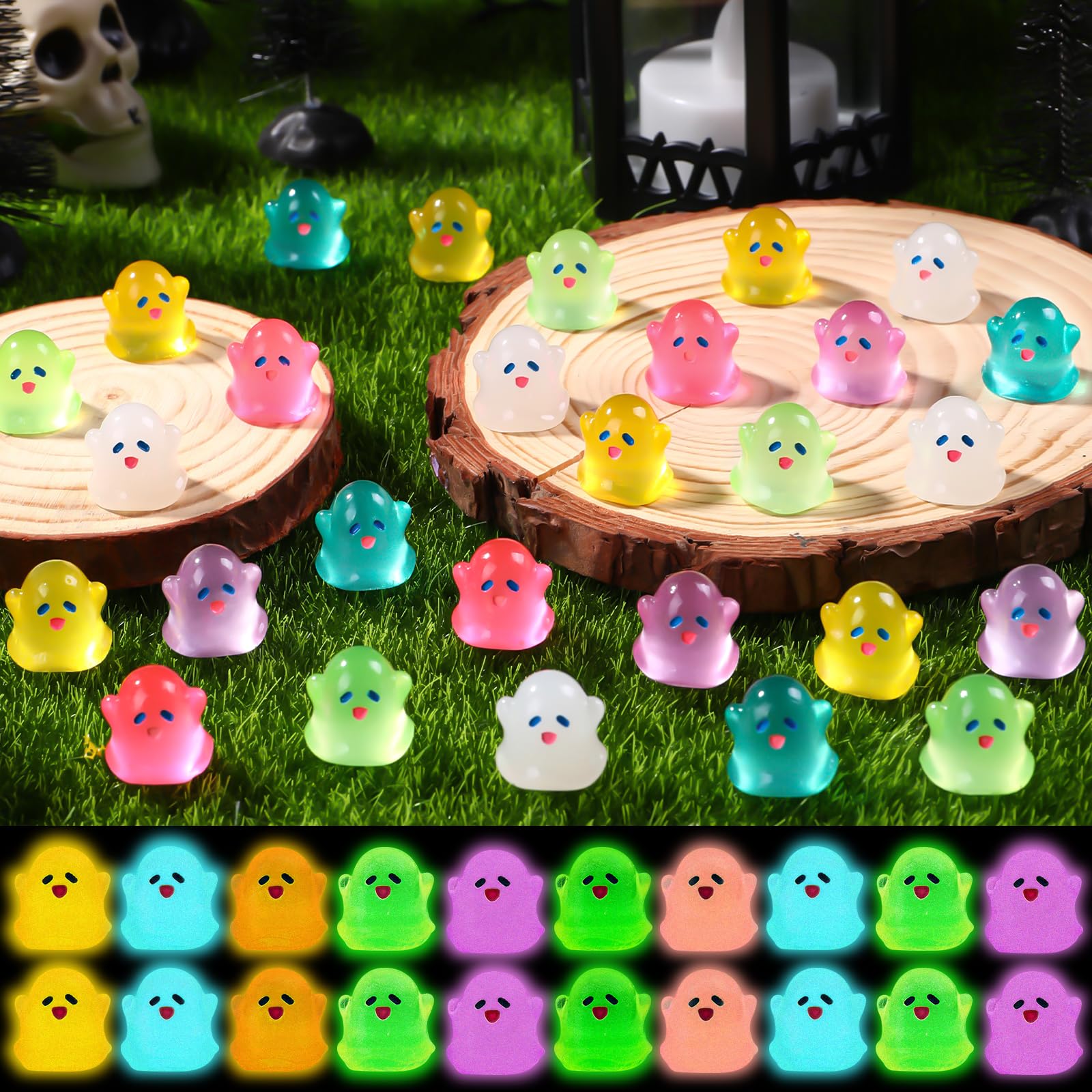70pcs Halloween Luminous Mini Ghost Figurine Multicolor Glowing Ghost 0.59" | Gl