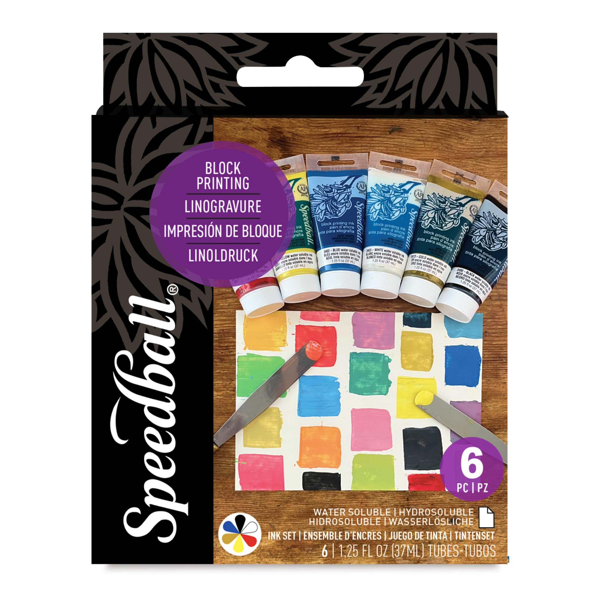 Speedball 3470 Water-Soluble Block Printing Ink Starter Set – 6 Bold Colors with