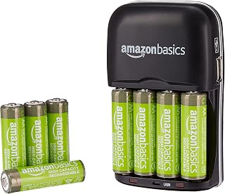 Amazon Basics 8 Pack AA High-Capacity 2,400 mAh Rechageable Batteries with 4-Hour Rapid Battery Charger Set, Overcharge Protection, Pre-Charged