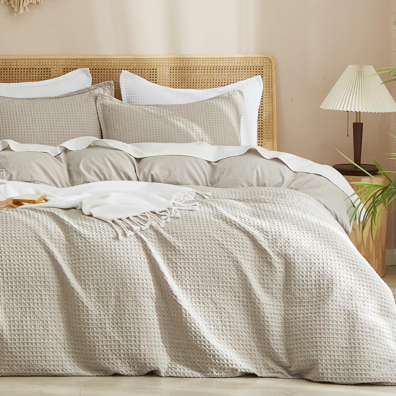 PHF Waffle Duvet Cover Set Queen, Ultra Soft & Breathable, 90"x90", Linen | 320G
