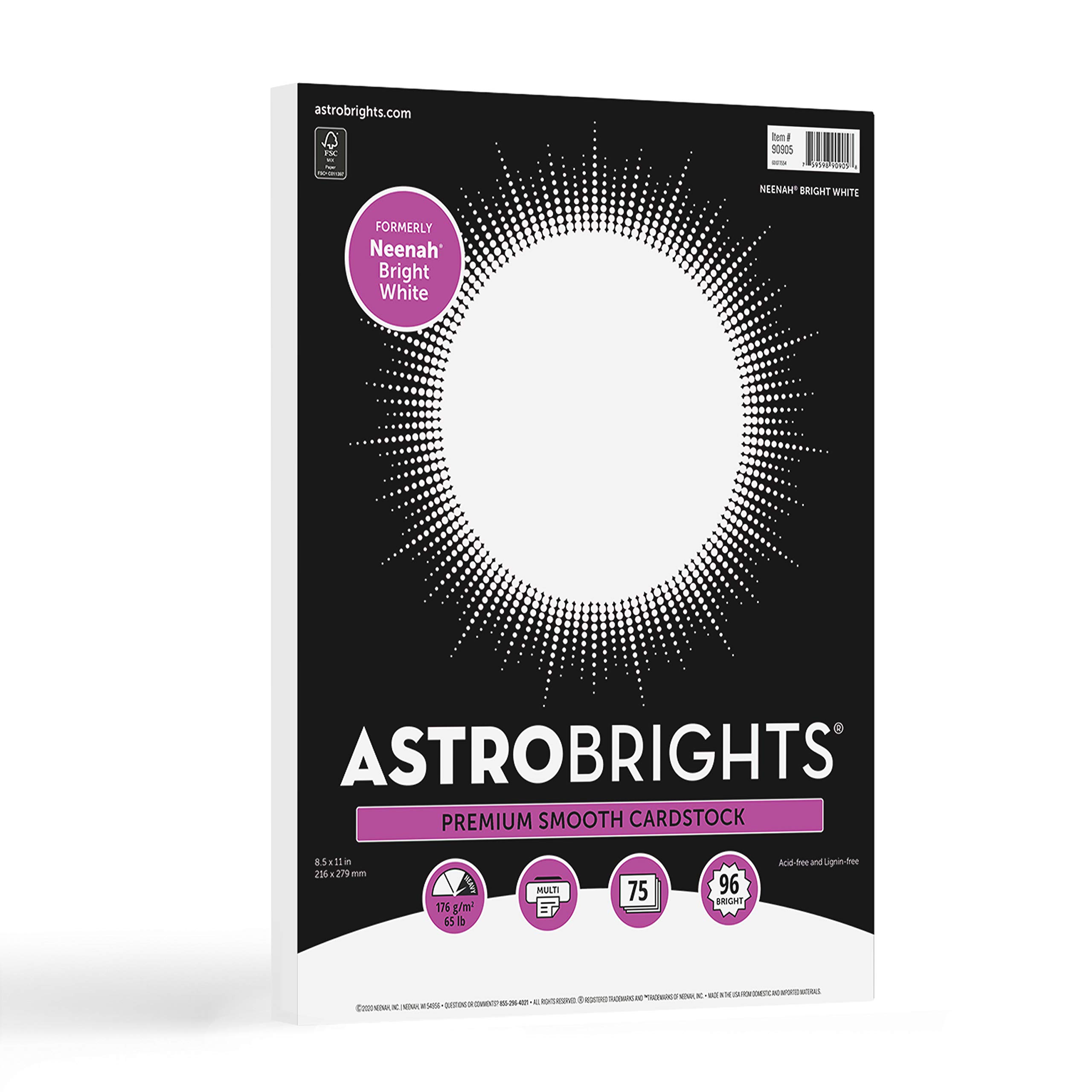 Astrobrights/Neenah Bright White Cardstock, 8.5" x 11", 65 lb, 75 Shee