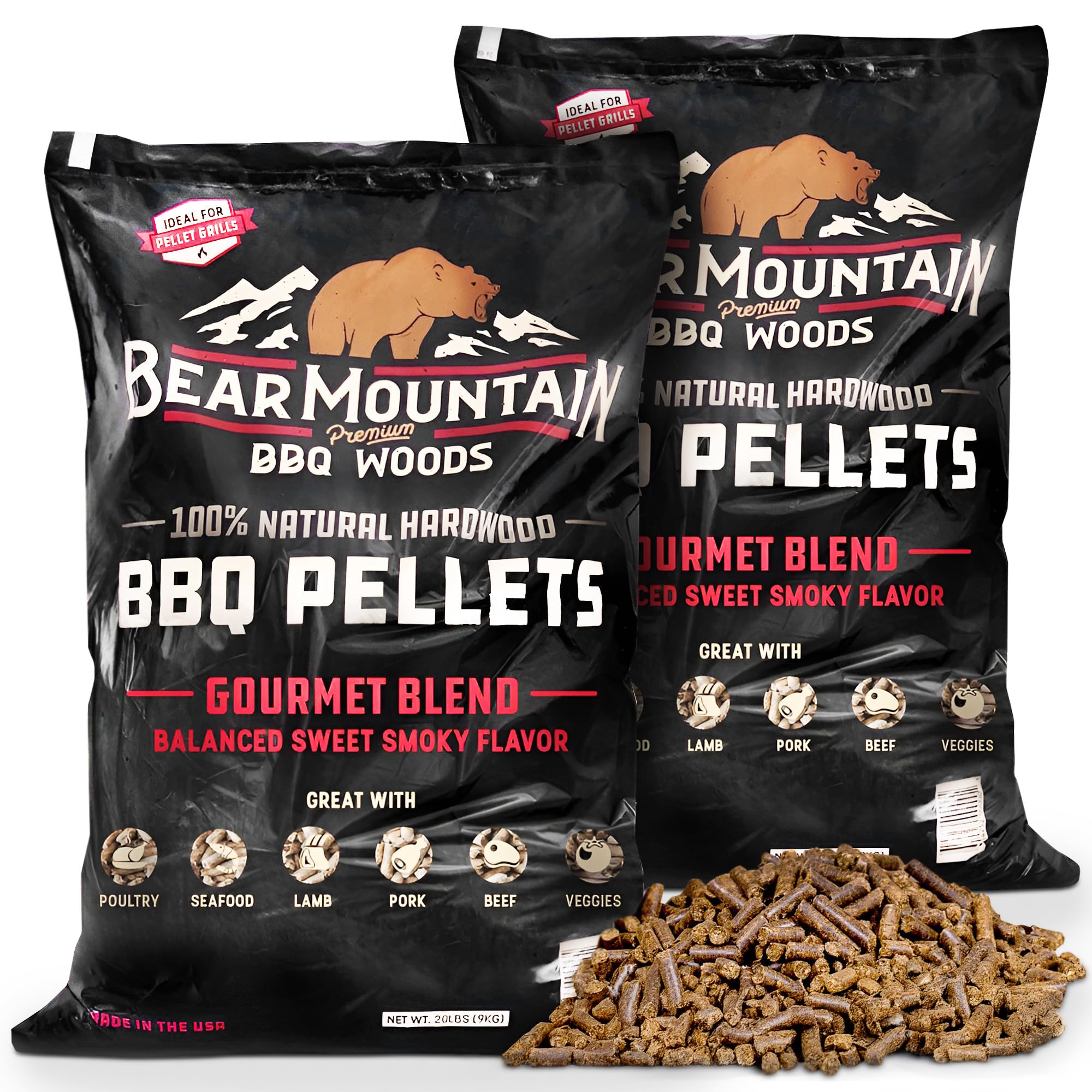 Bear Mountain BBQ 2 Pack Hardwood Smoker Pellets, Gourmet Blend, 20 lb Bag | Swe