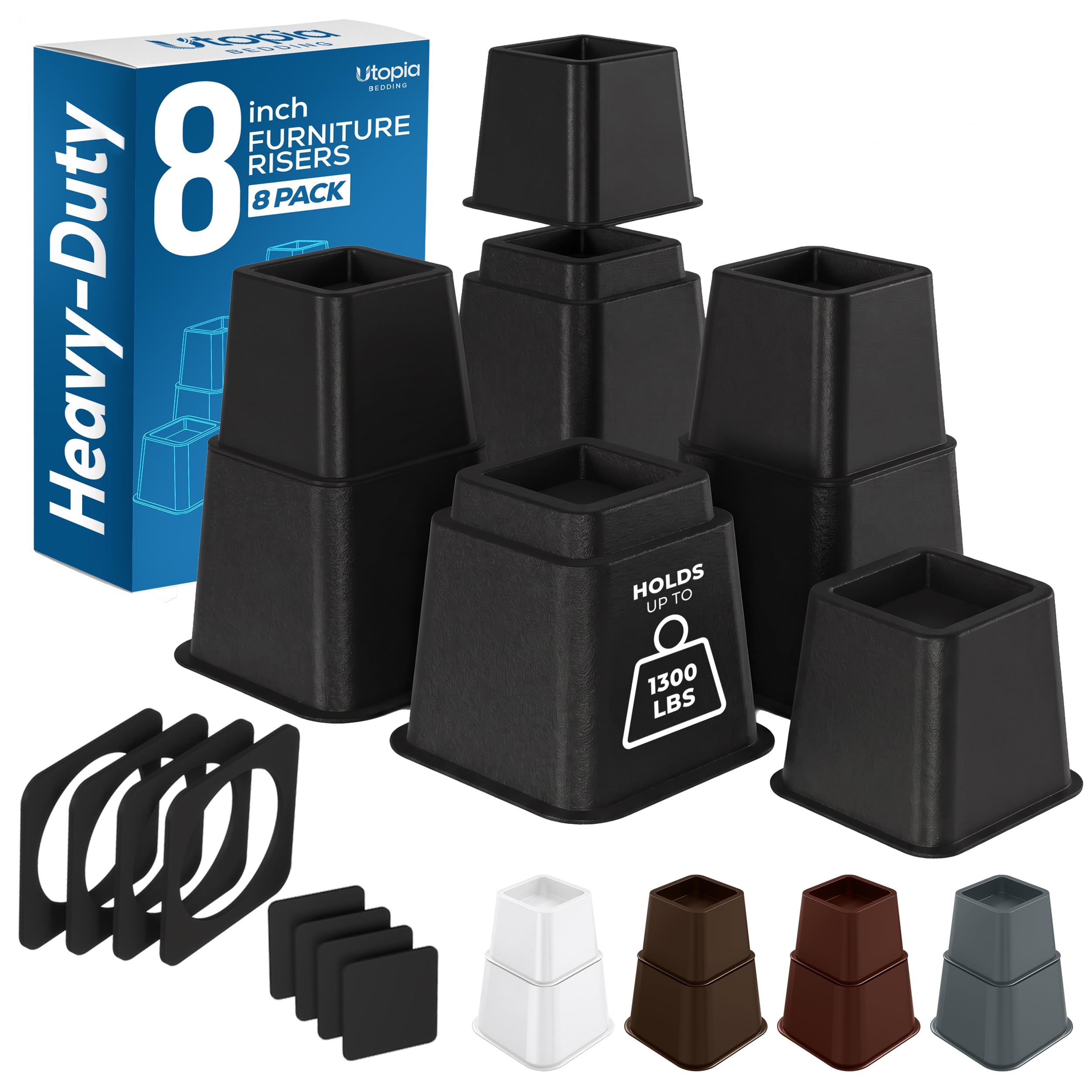 Utopia Bedding Heavy Duty Bed Risers, 3, 5, 8 Inch, Pack of 4, Black | Non-Slip,